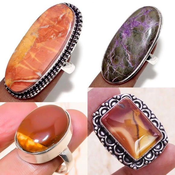 6pcs Handmade Ring Set Mookaite Jasper Purpurite Amber Gemstone - Picture 2 of 9